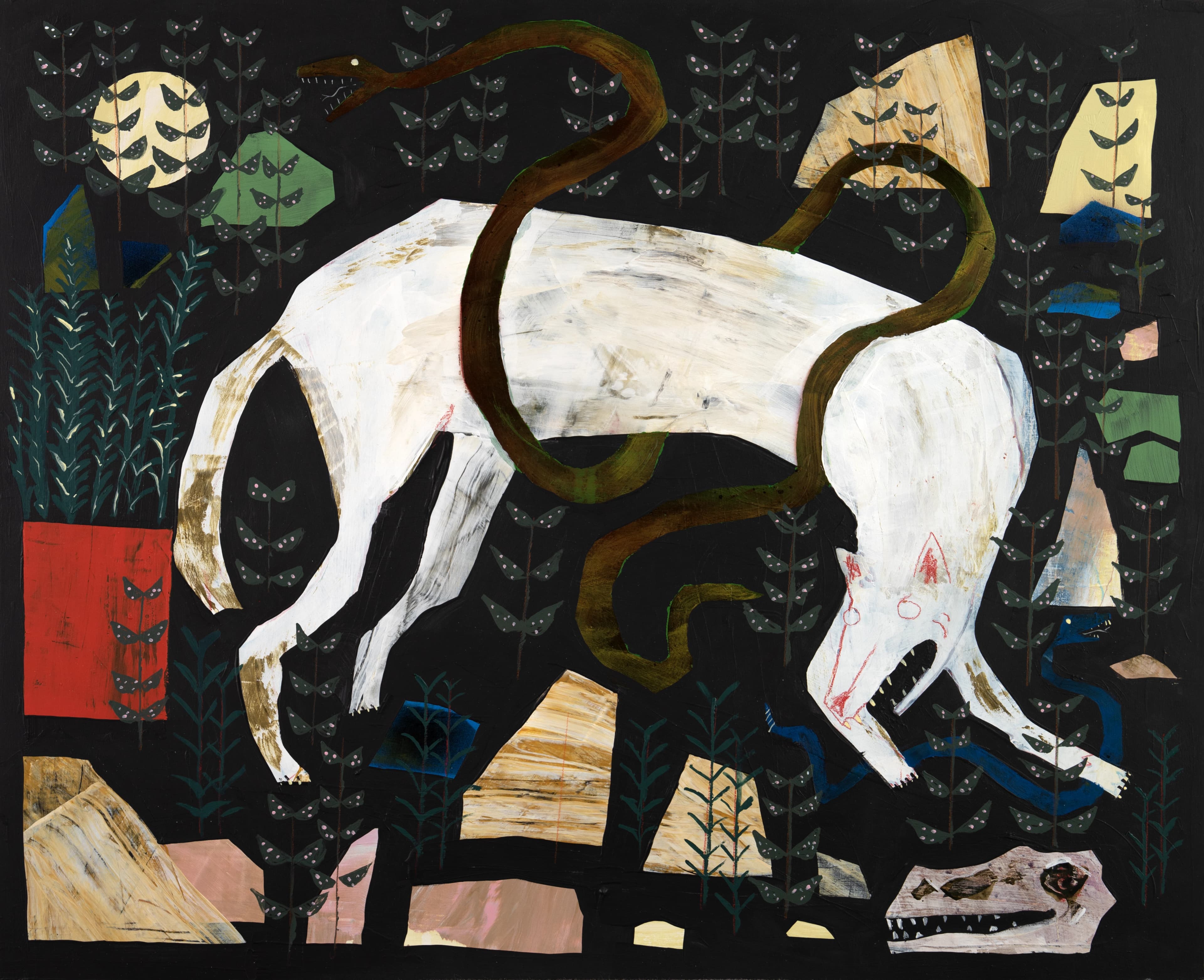 Drawing of colorful flowers with happy faces and clouds in the background